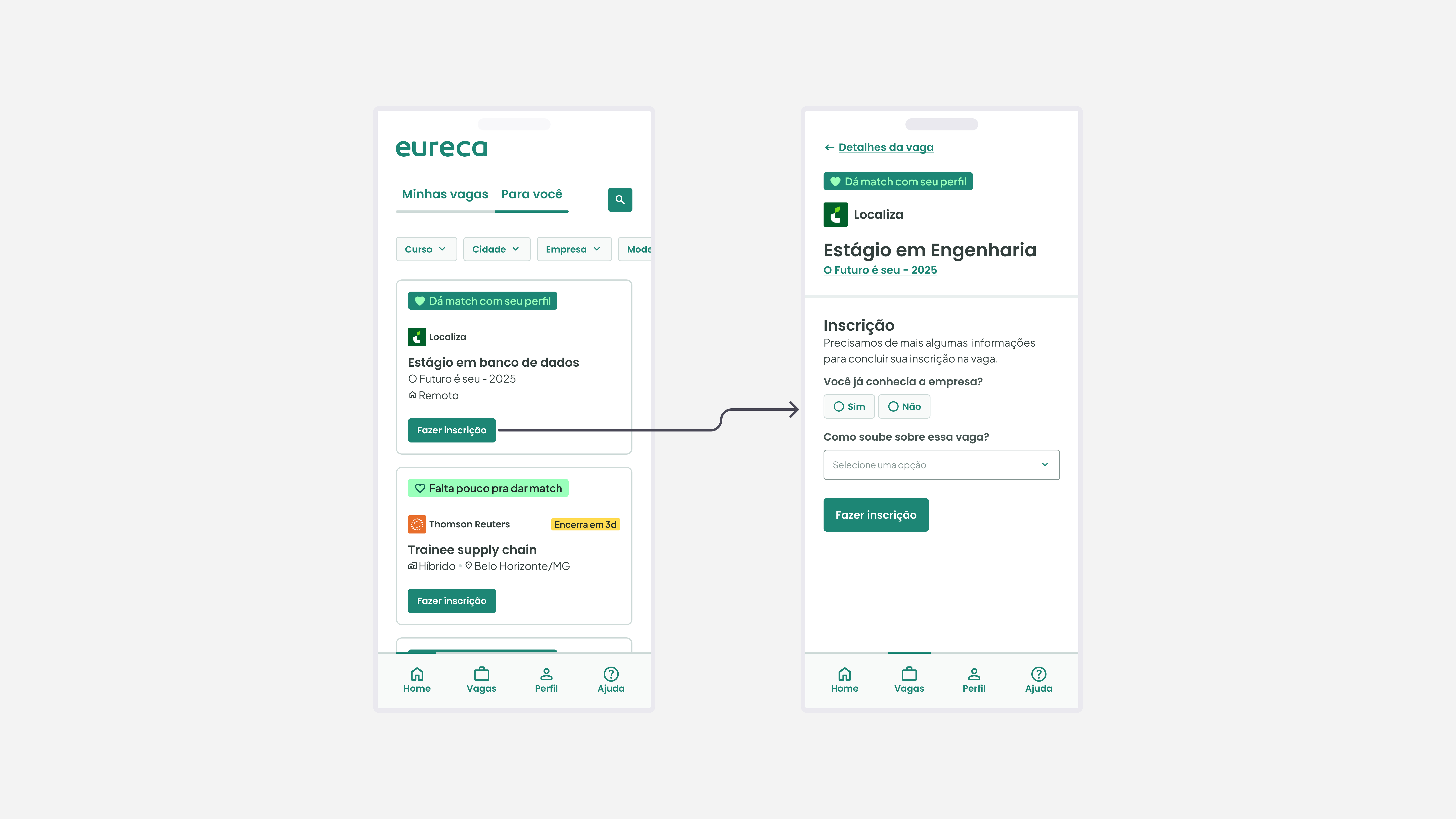 Telas finais do fluxo de inscrição na plataforma da Eureca