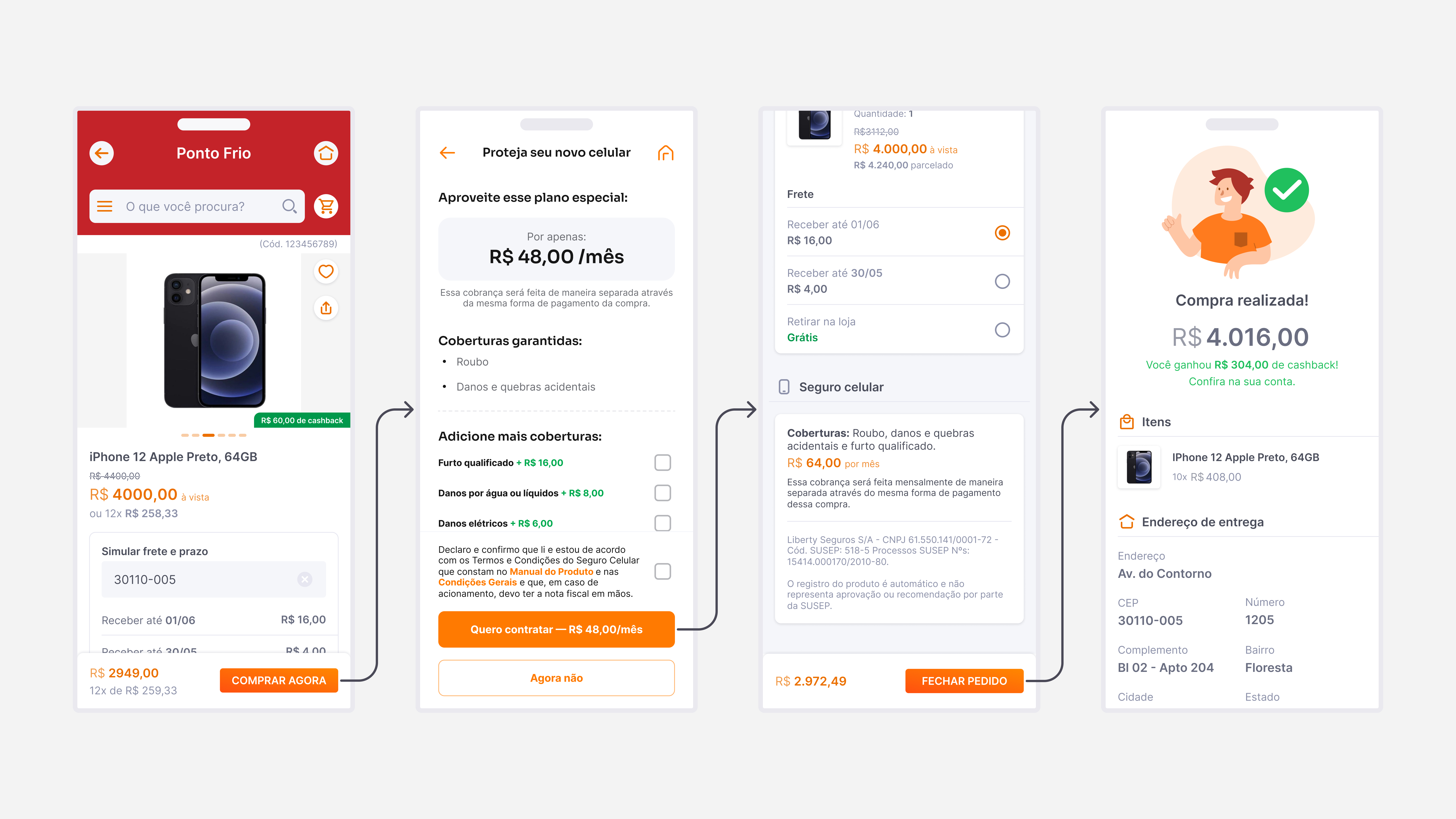 Telas finais do fluxo de contratação do Seguro Celular
