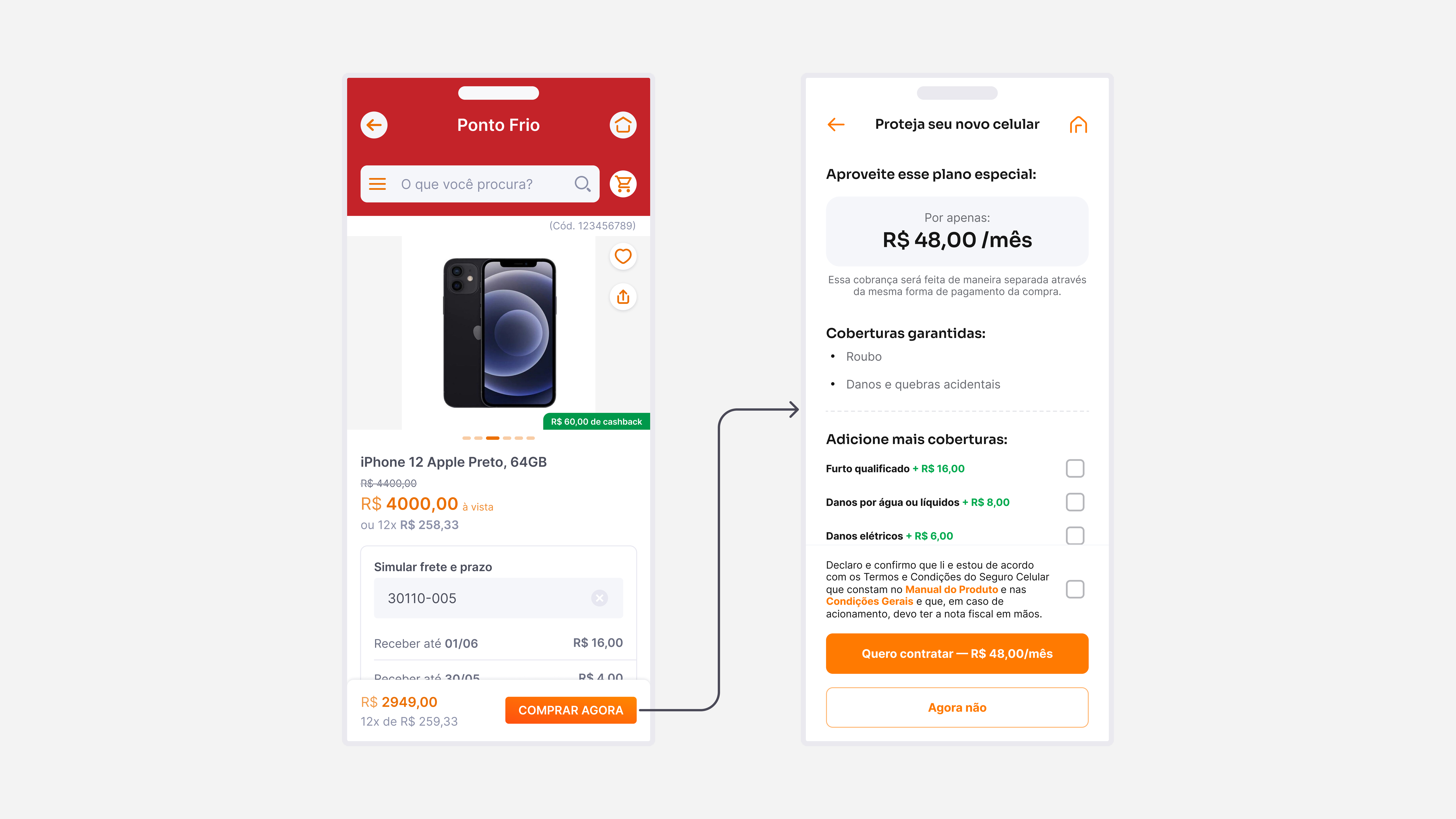 Telas finais do fluxo de contratação do Seguro Celular